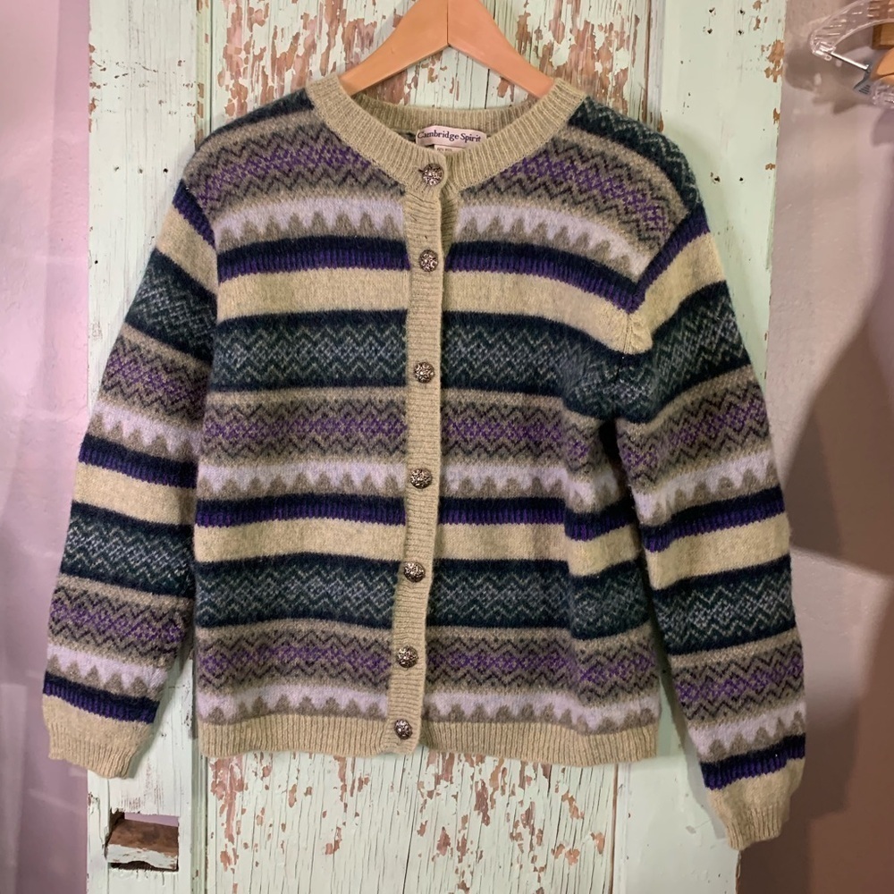 Women’s vintage Cambridge Spirit green striped button up wool cardigan sweater